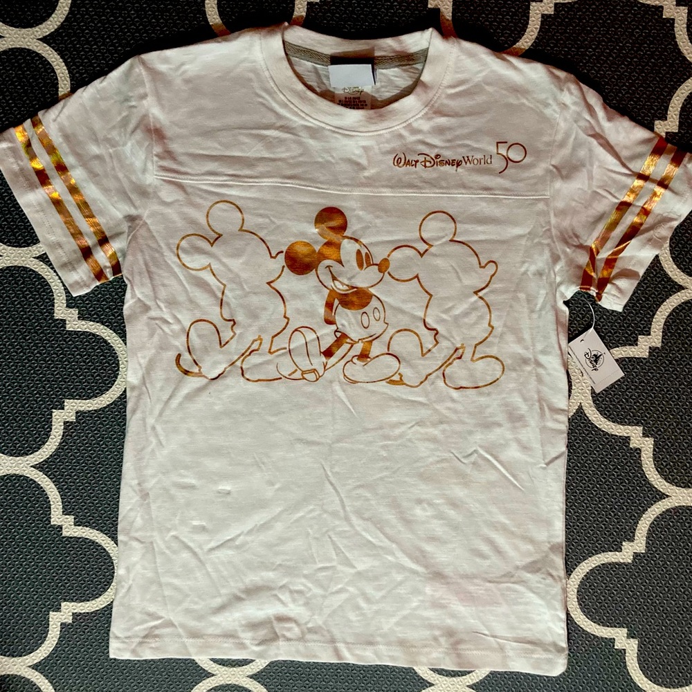 Walt Disney World 50th Anniversary T-Shirt W/ Rose Gold metallic foil ink.